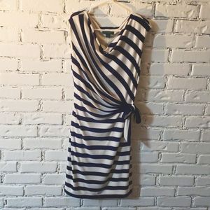 Navy and white striped size 14 ralph lauren dress with wrap tie and rouching